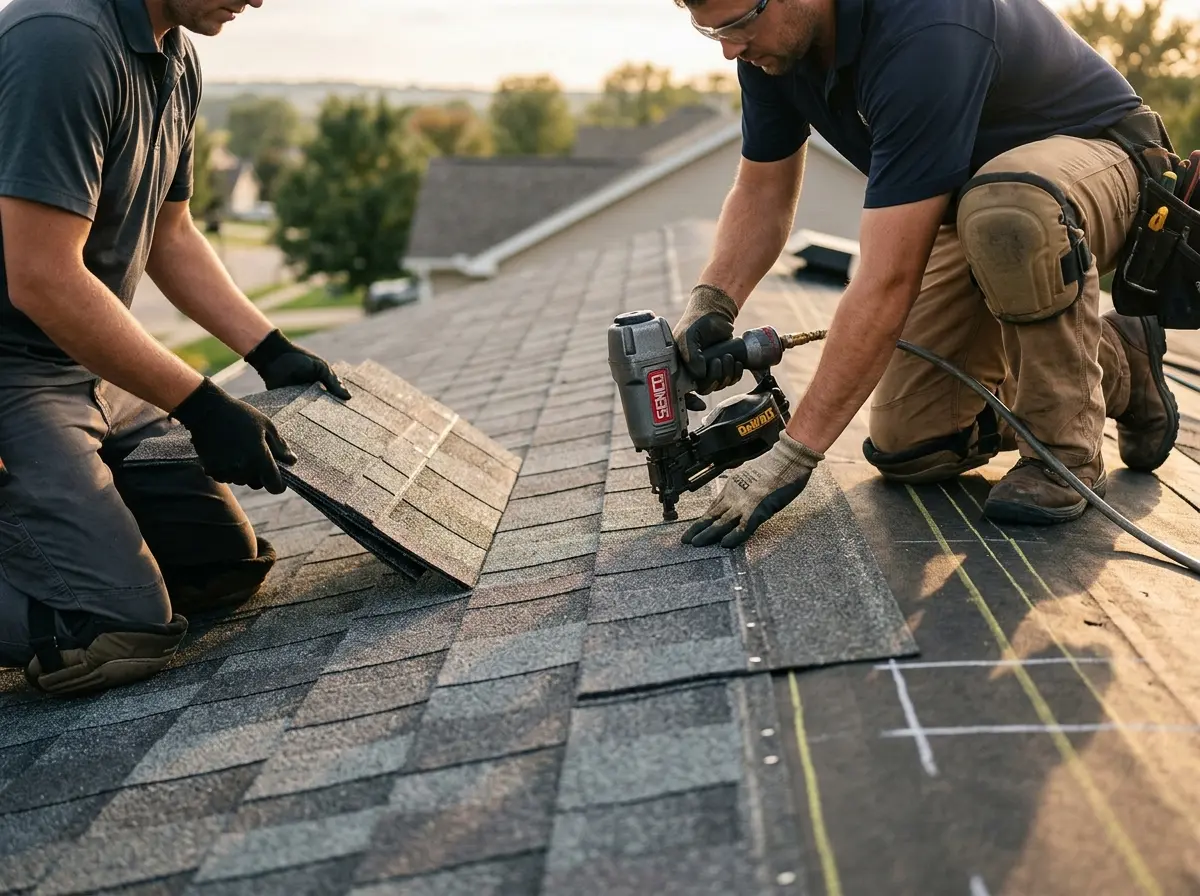 Professional roofer working on a residential roof in Elma